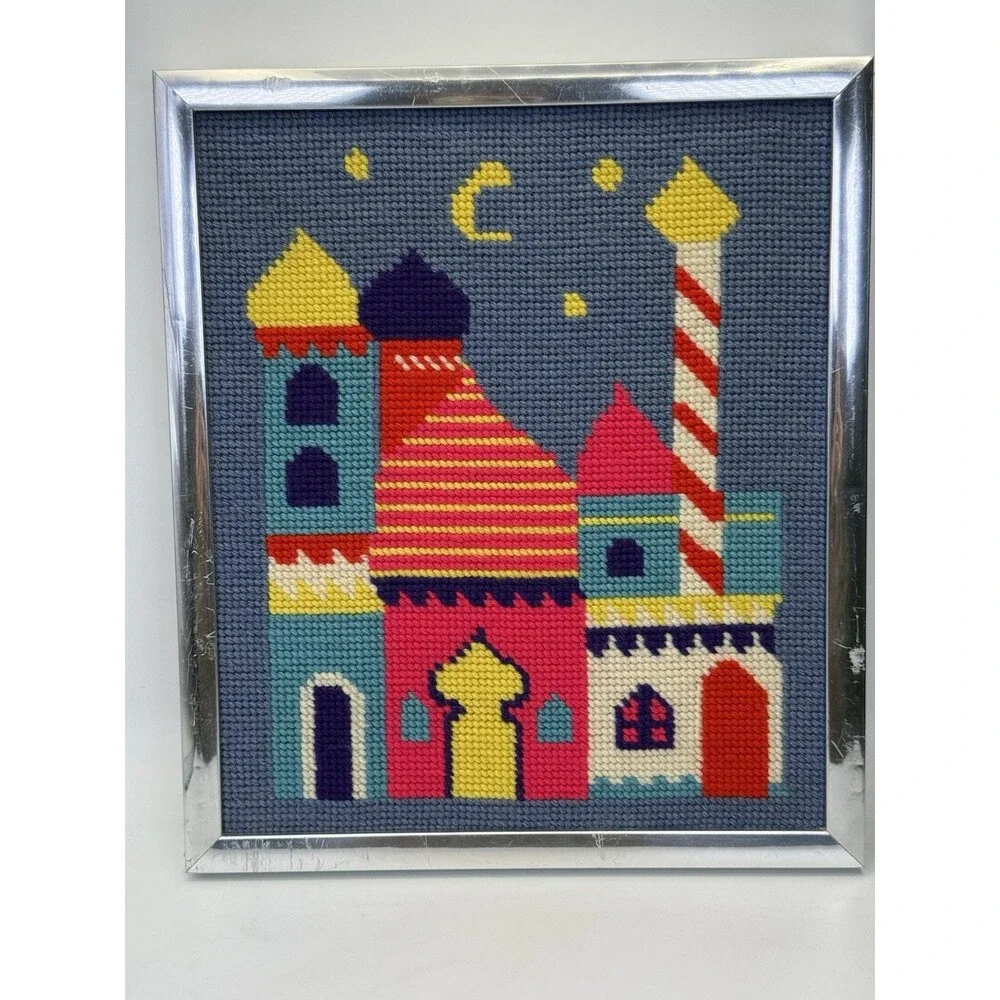 Vintage Framed Needlepoint Arabian Cityscape Wall Art Colorful  Scene 10x12